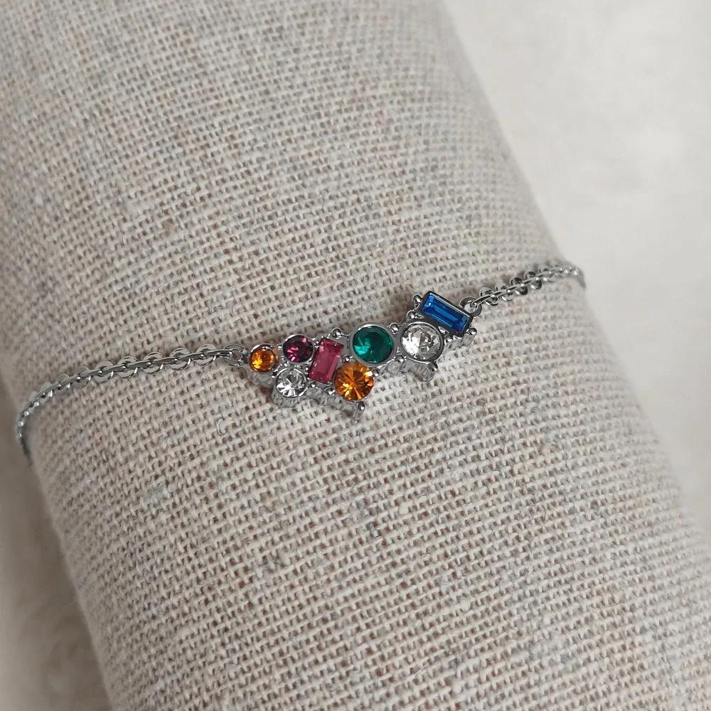 Chain Bracelet Multi Color‎ Gemstone Silver Tone Cluster Adjustable Lobster Claw
